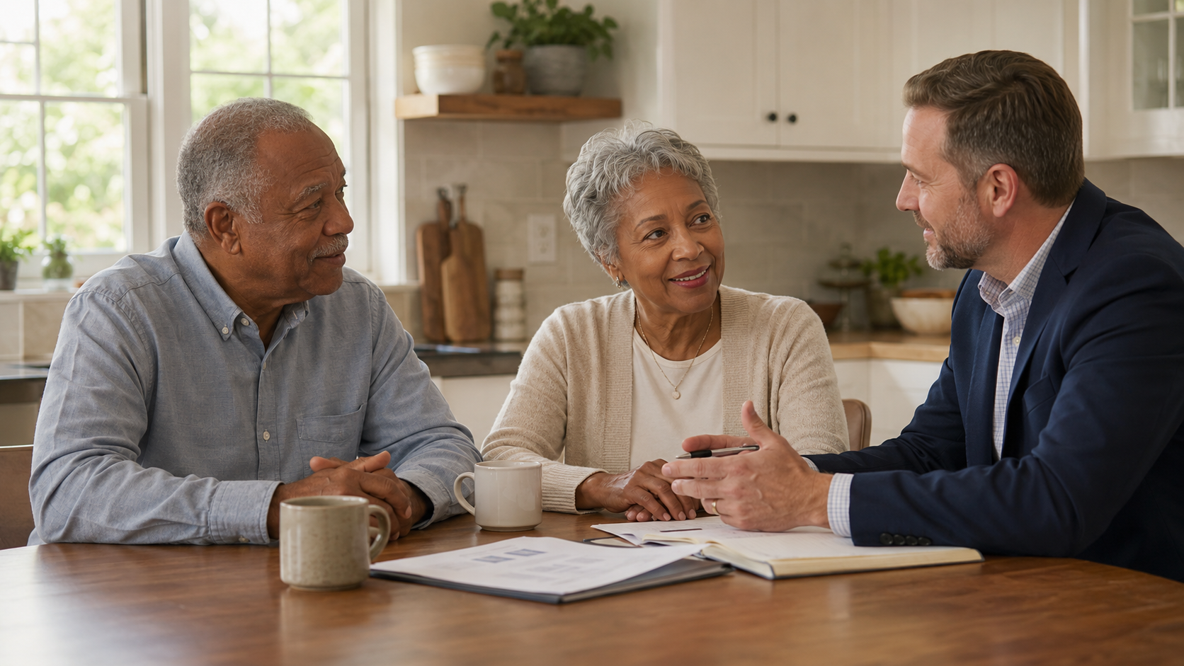 An older couple having a relaxed Medicare conversation with an advisor at home